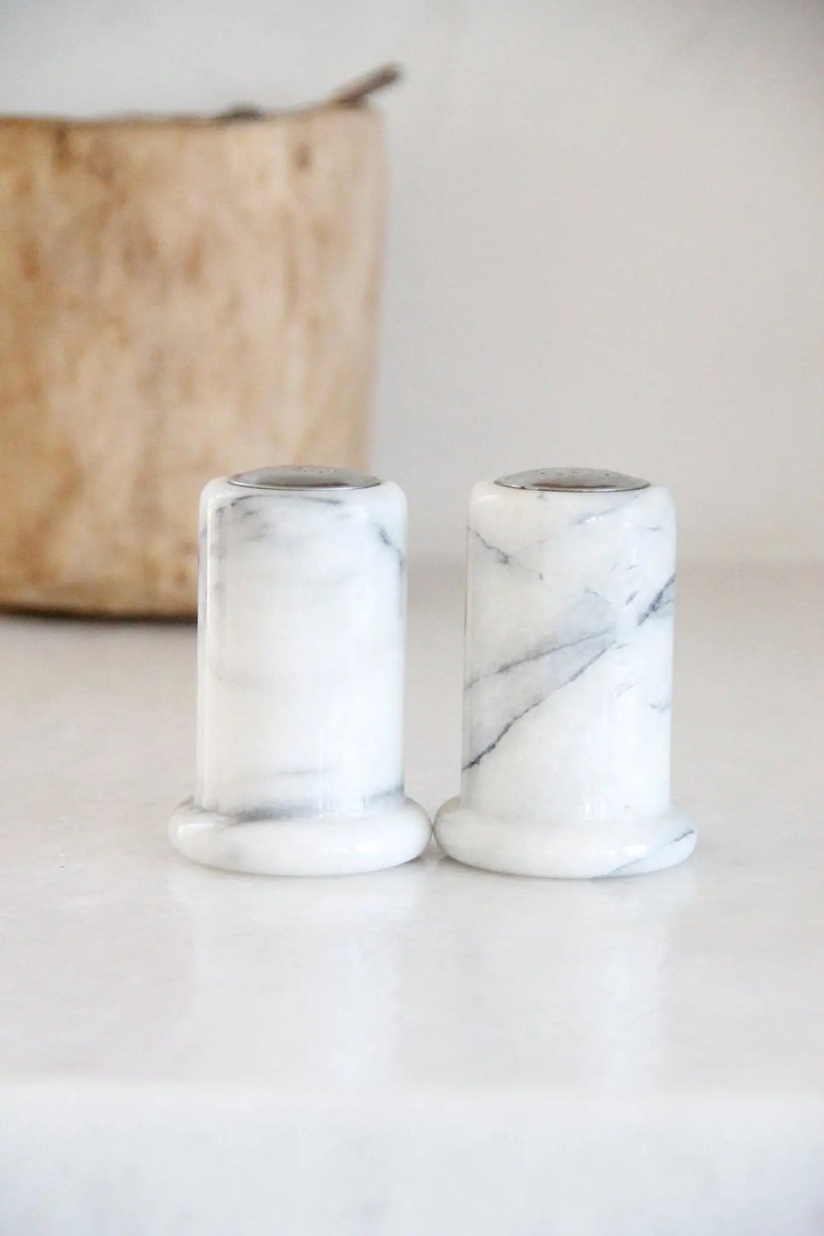 Vintage Marble Salt and Pepper Shakers | White Carrara Tableware - Debra Hall Lifestyle