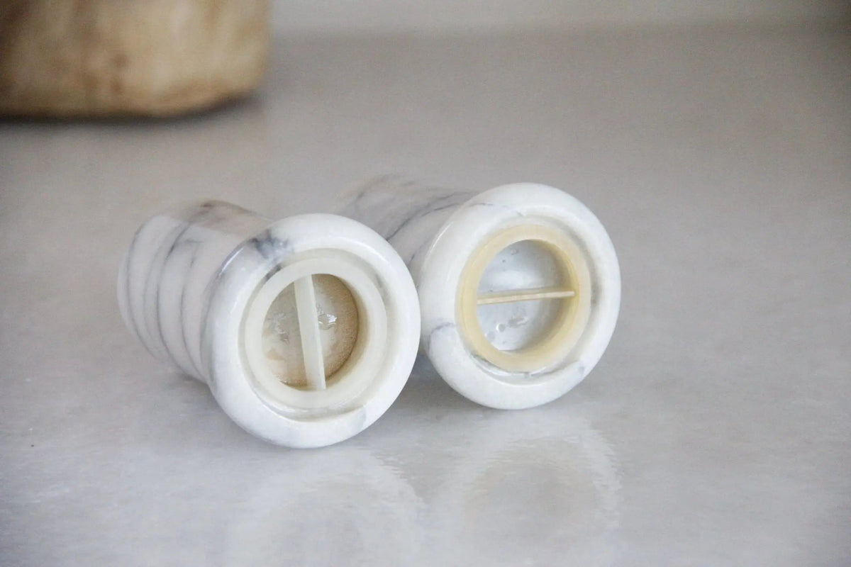 Vintage Marble Salt and Pepper Shakers | White Carrara Tableware - Debra Hall Lifestyle