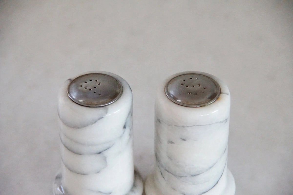 Vintage Marble Salt and Pepper Shakers | White Carrara Tableware - Debra Hall Lifestyle