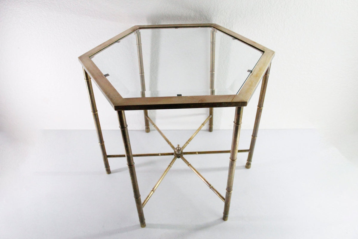Vintage Mastercraft Brass Side Table | Faux Bamboo Hexagon Glass - Debra Hall Lifestyle