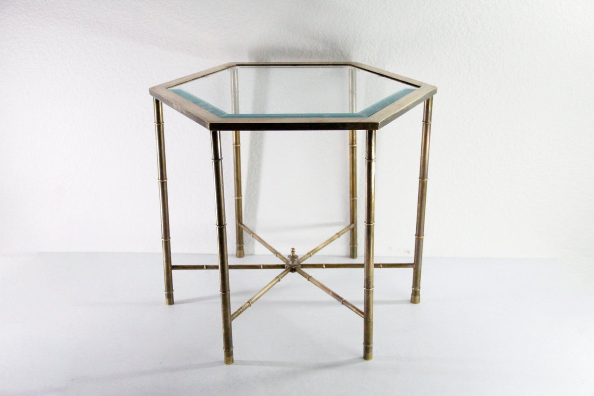 Vintage Mastercraft Brass Side Table | Faux Bamboo Hexagon Glass - Debra Hall Lifestyle