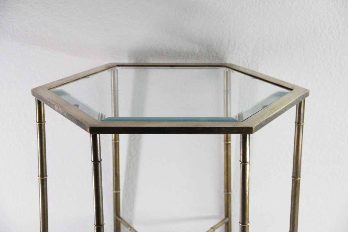 Vintage Mastercraft Brass Side Table | Faux Bamboo Hexagon Glass - Debra Hall Lifestyle