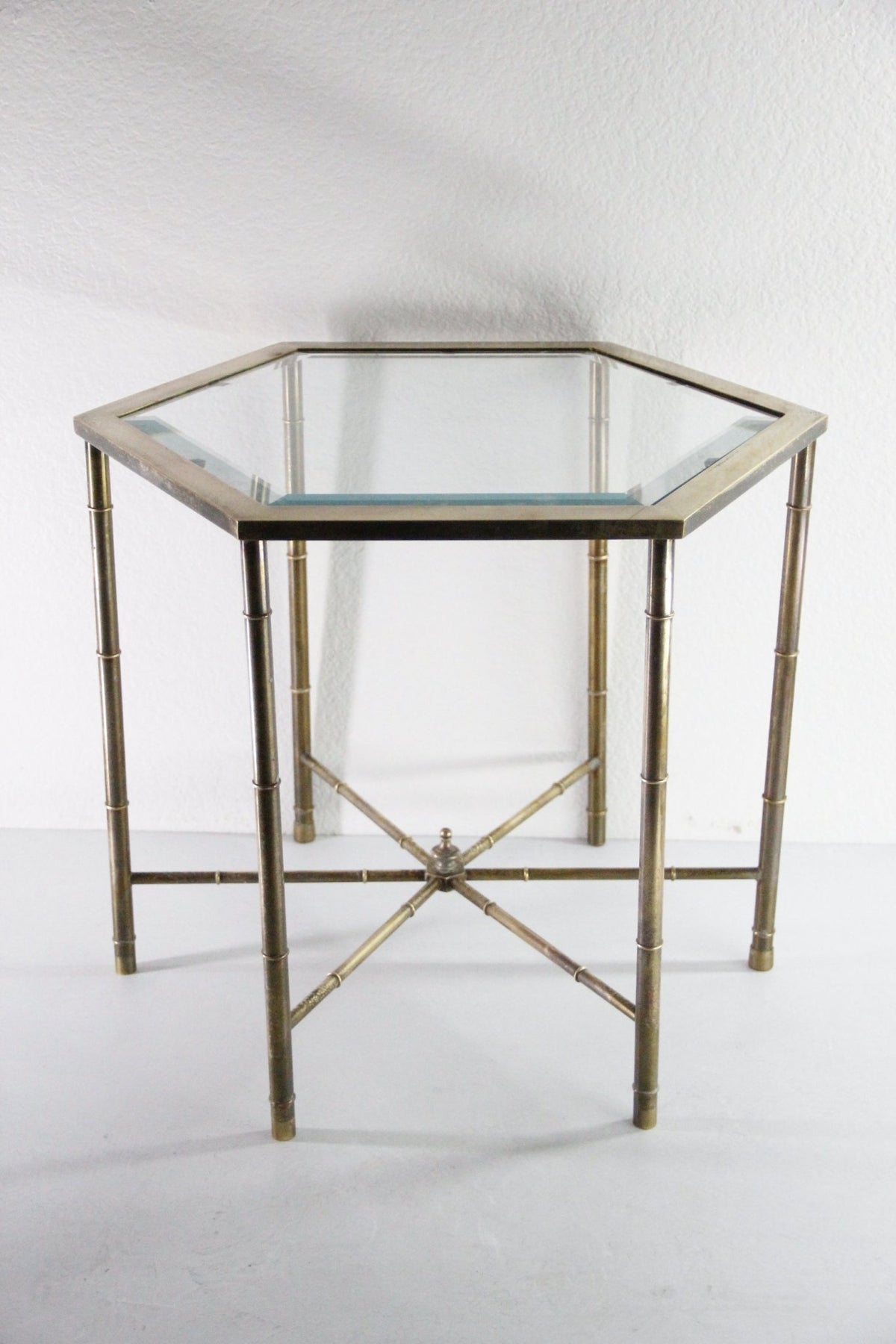Vintage Mastercraft Brass Side Table | Faux Bamboo Hexagon Glass - Debra Hall Lifestyle