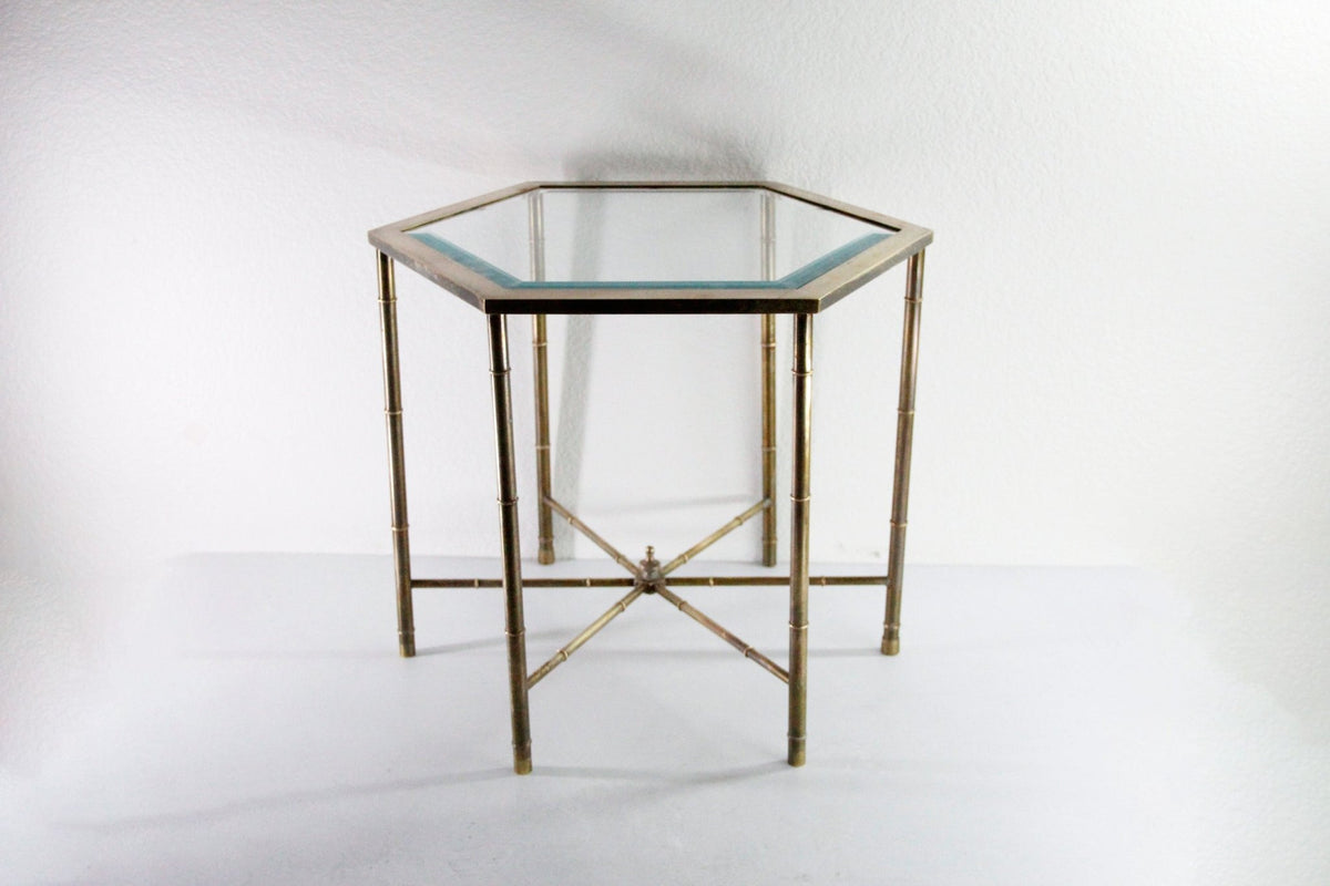 Vintage Mastercraft Brass Side Table | Faux Bamboo Hexagon Glass - Debra Hall Lifestyle