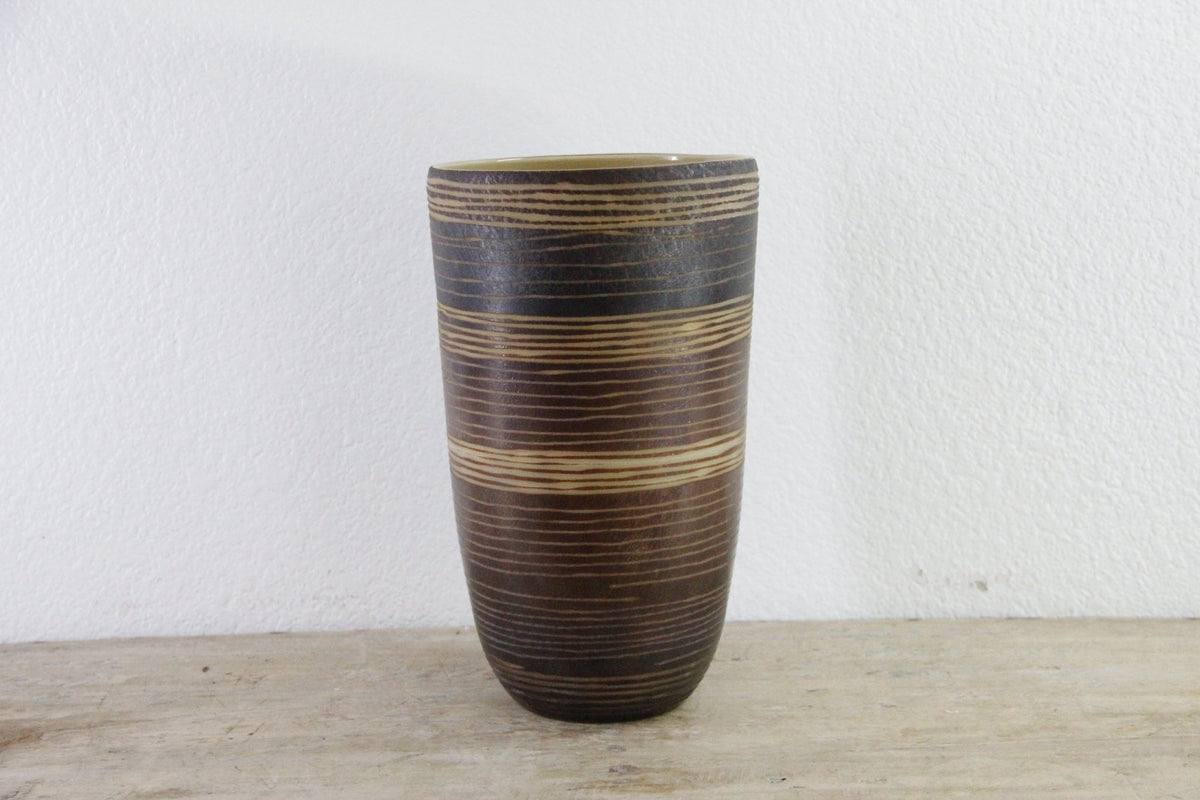 Vintage MCM Cased Art Glass Vase Incised Striped Vessel - Debra Hall Lifestyle
