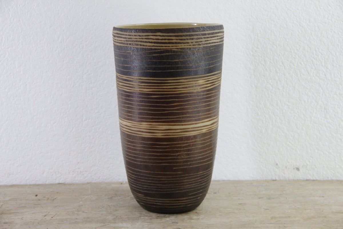 Vintage MCM Cased Art Glass Vase Incised Striped Vessel - Debra Hall Lifestyle
