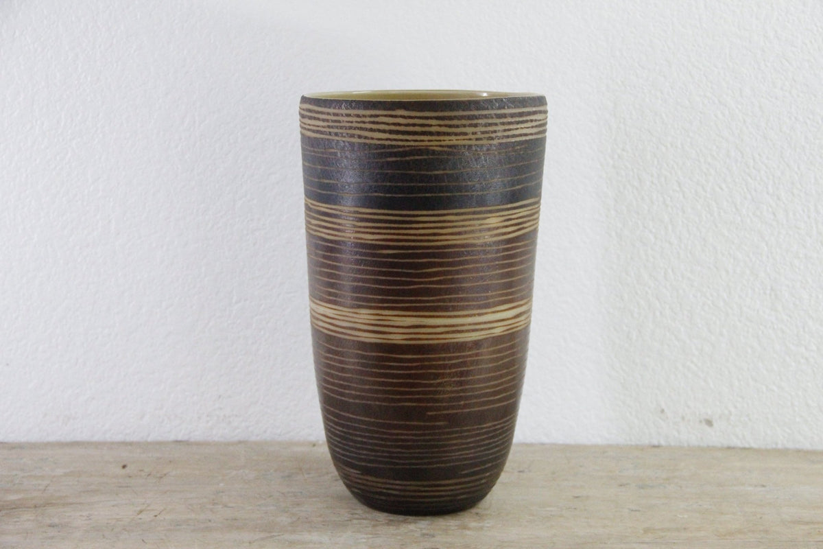 Vintage MCM Cased Art Glass Vase Incised Striped Vessel - Debra Hall Lifestyle