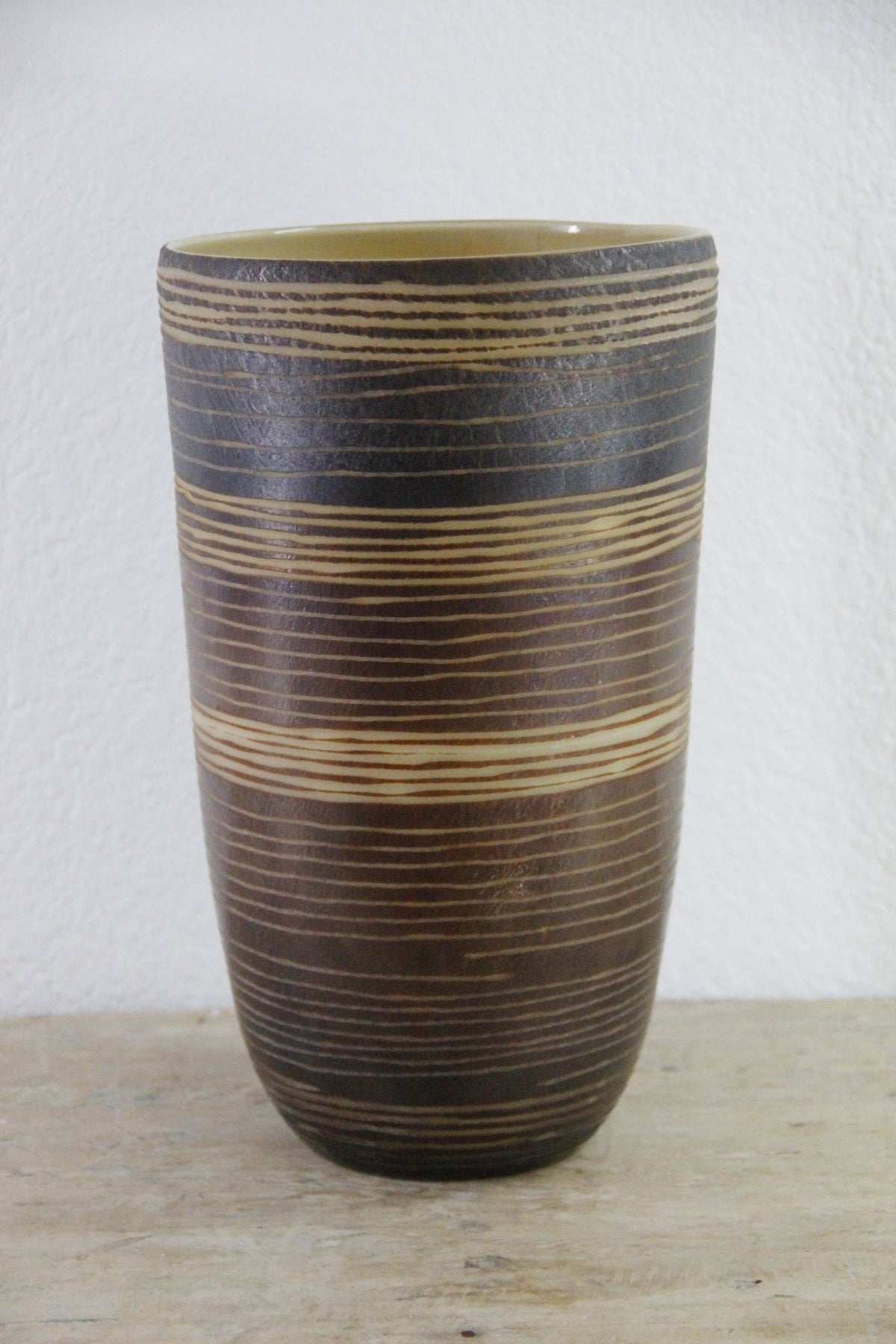 Vintage MCM Cased Art Glass Vase Incised Striped Vessel - Debra Hall Lifestyle