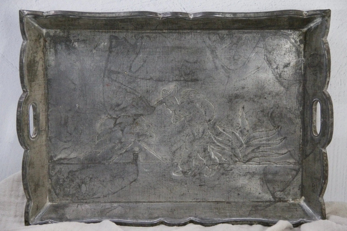 Vintage Mexican Folk Art Tray | Silver Tin Embossed - Debra Hall Lifestyle