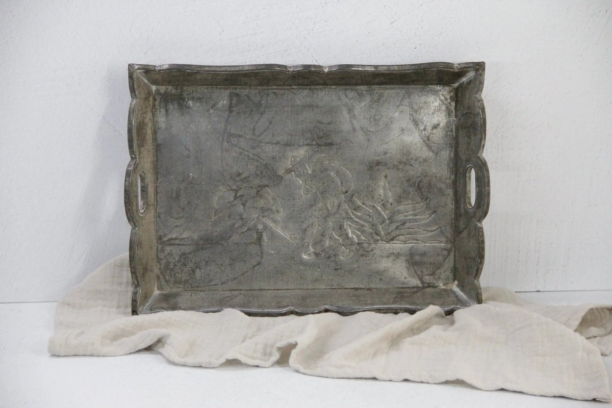 Vintage Mexican Folk Art Tray | Silver Tin Embossed - Debra Hall Lifestyle