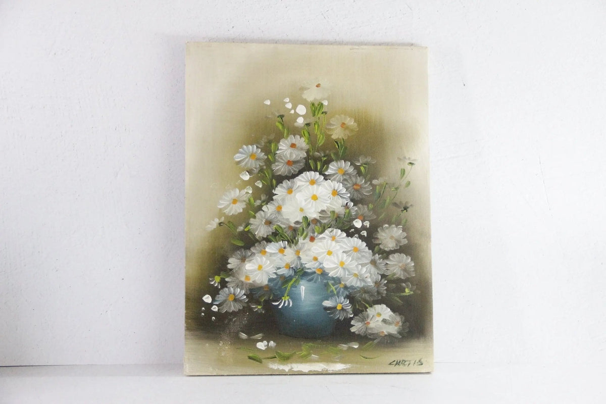 Vintage Oil On Canvas Painting | White Daisies Floral Signed - Debra Hall Lifestyle
