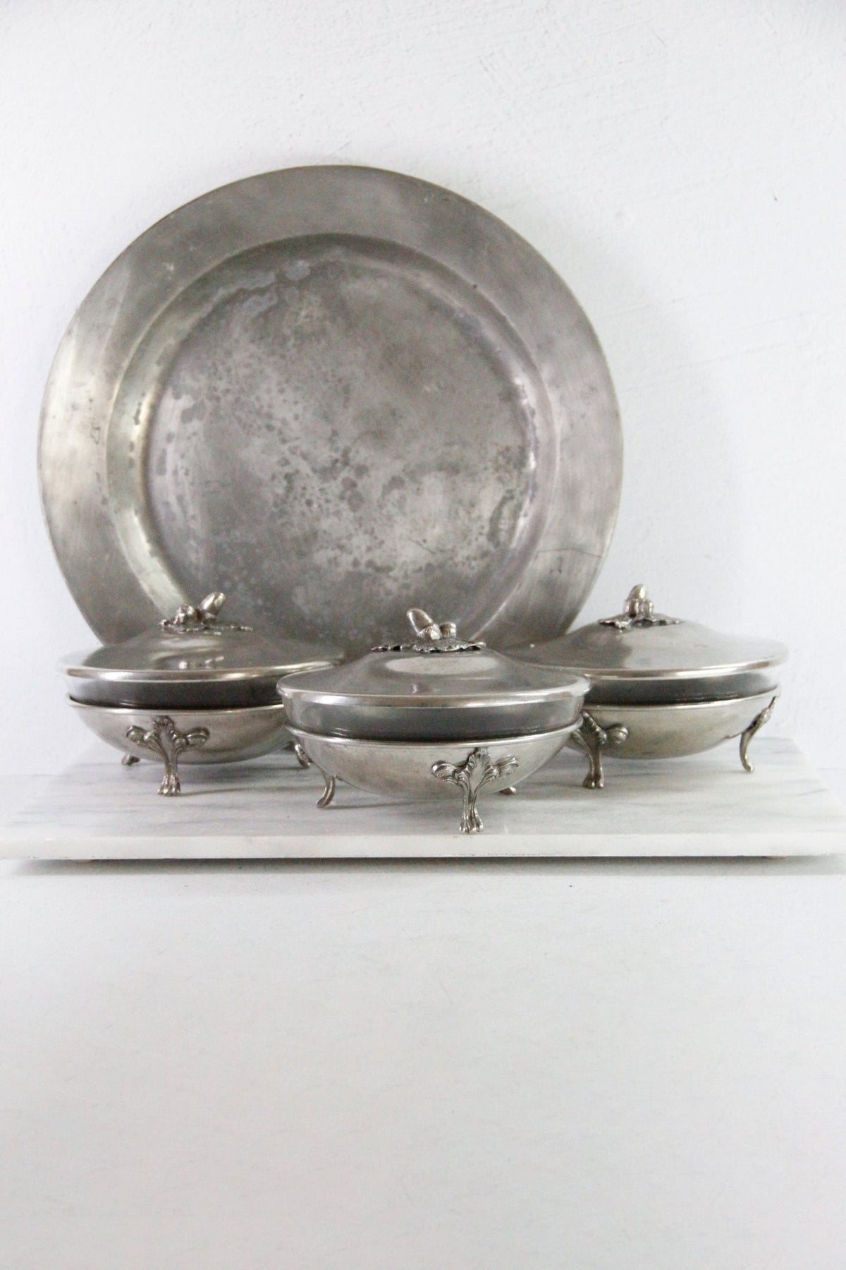 Vintage Pewter Serving Bowl | Footed Glass Liner Dish - Debra Hall Lifestyle