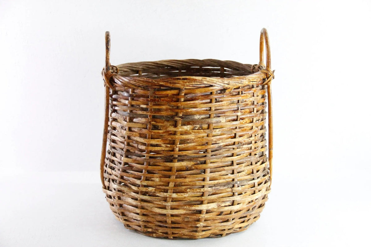 Vintage Rattan Basket With Handles | Midcentury Bamboo Storage - Debra Hall Lifestyle