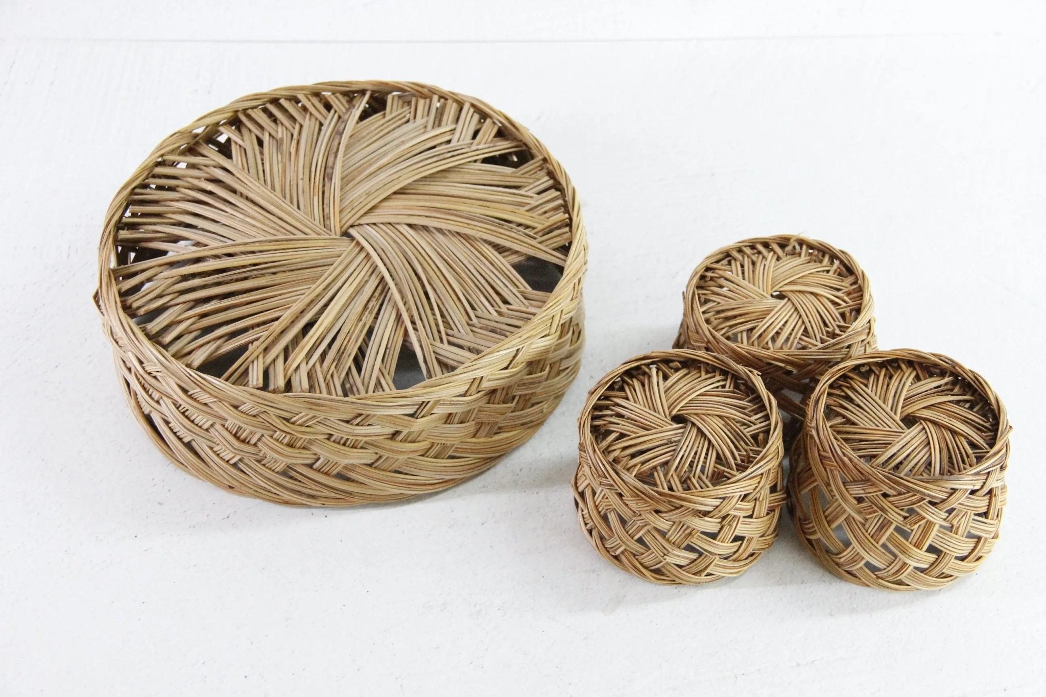 Vintage Rattan Tray With Beverage Holders| Set of 4 - Debra Hall Lifestyle