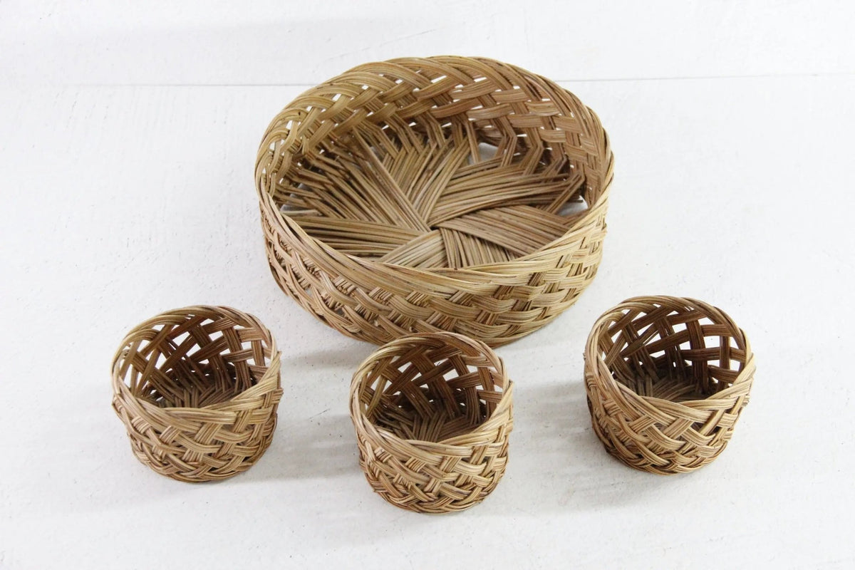 Vintage Rattan Tray With Beverage Holders| Set of 4 - Debra Hall Lifestyle
