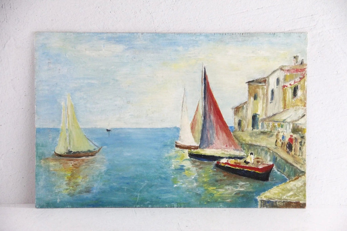 Vintage Seascape Oil Painting | Oil on Panel Harbor Boats - Debra Hall Lifestyle