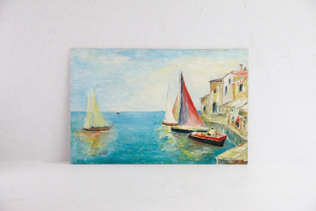 Vintage Seascape Oil Painting | Oil on Panel Harbor Boats - Debra Hall Lifestyle
