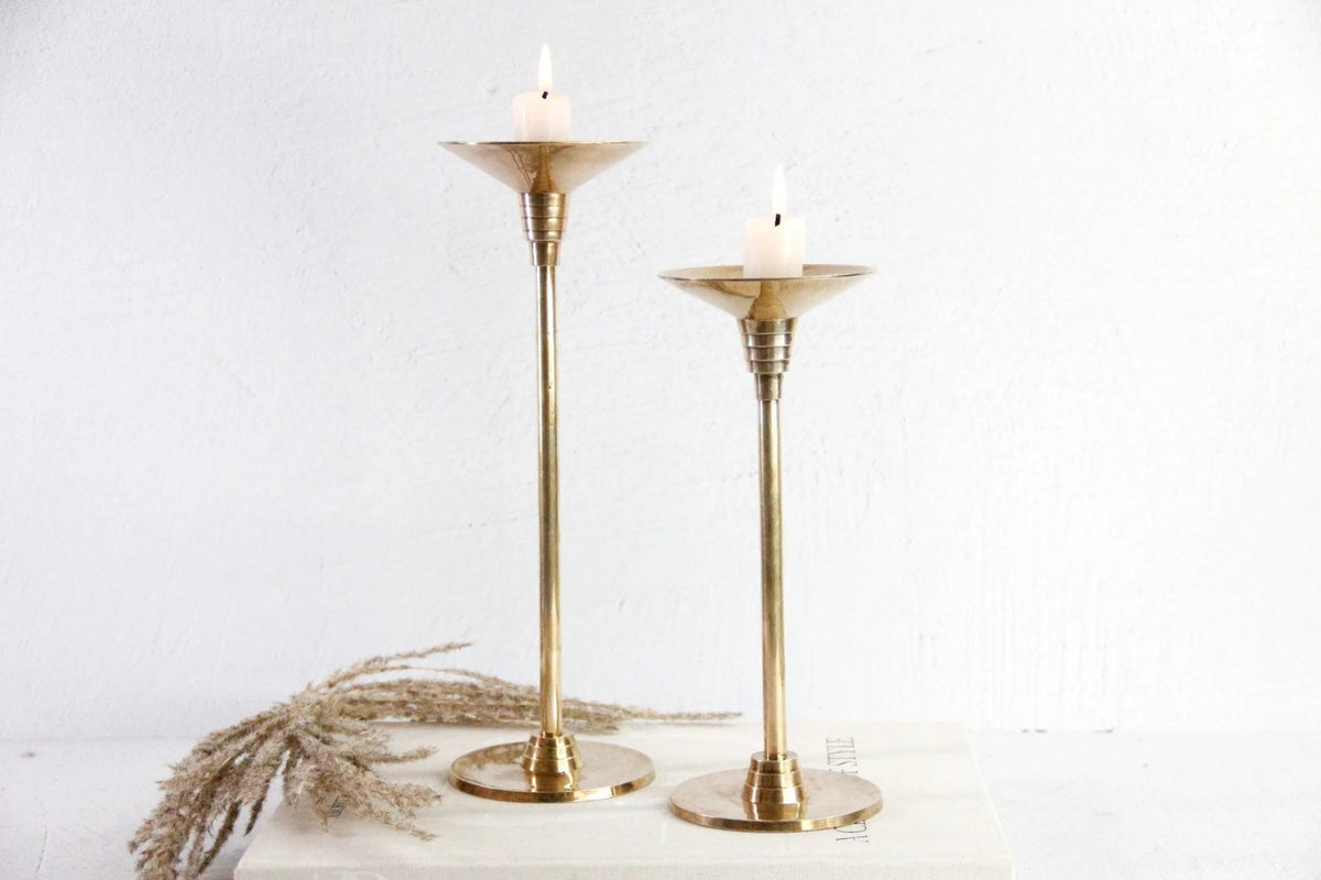 Vintage Solid Brass Candle Holders | Art Deco Pair - Debra Hall Lifestyle