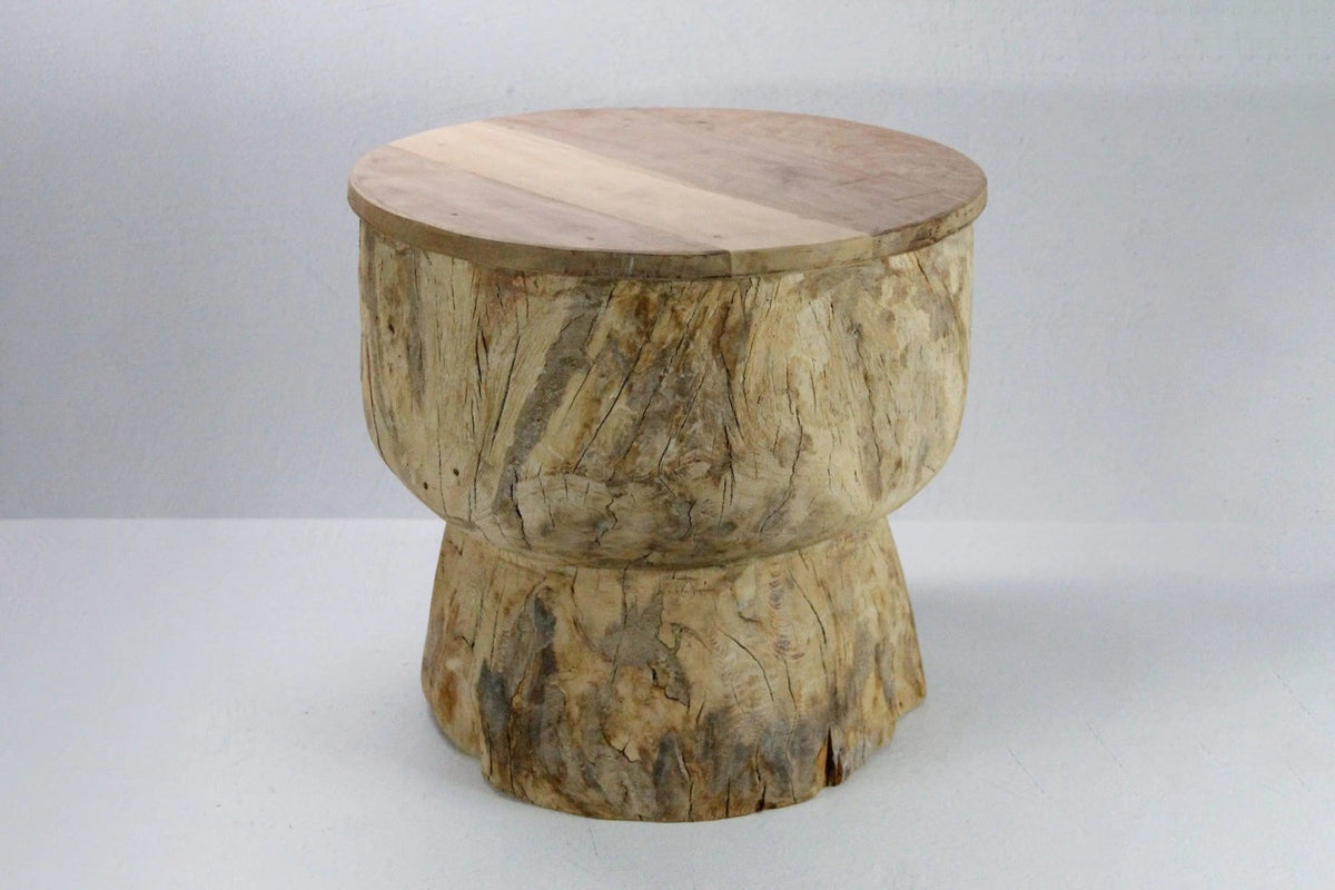 Vintage Teak Side Table | Hand Carved Ukhali Stool - Debra Hall Lifestyle