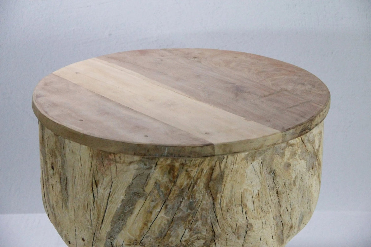 Vintage Teak Side Table | Hand Carved Ukhali Stool - Debra Hall Lifestyle
