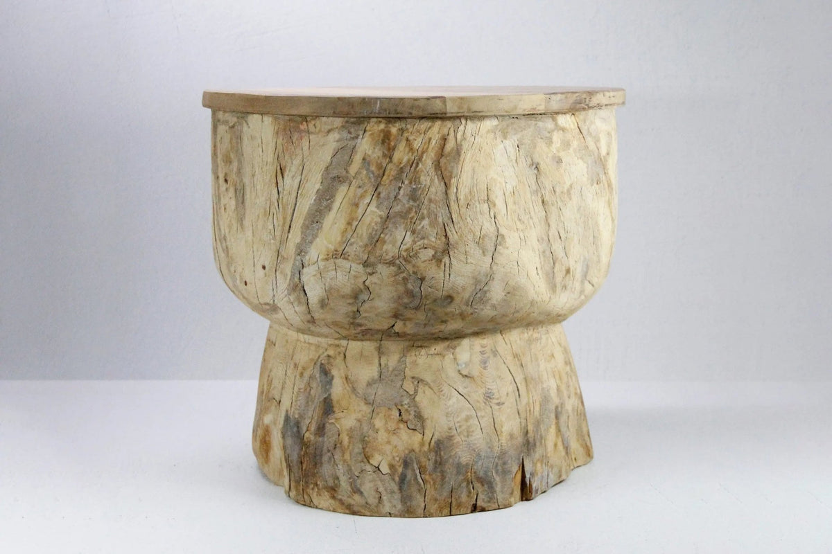 Vintage Teak Side Table | Hand Carved Ukhali Stool - Debra Hall Lifestyle