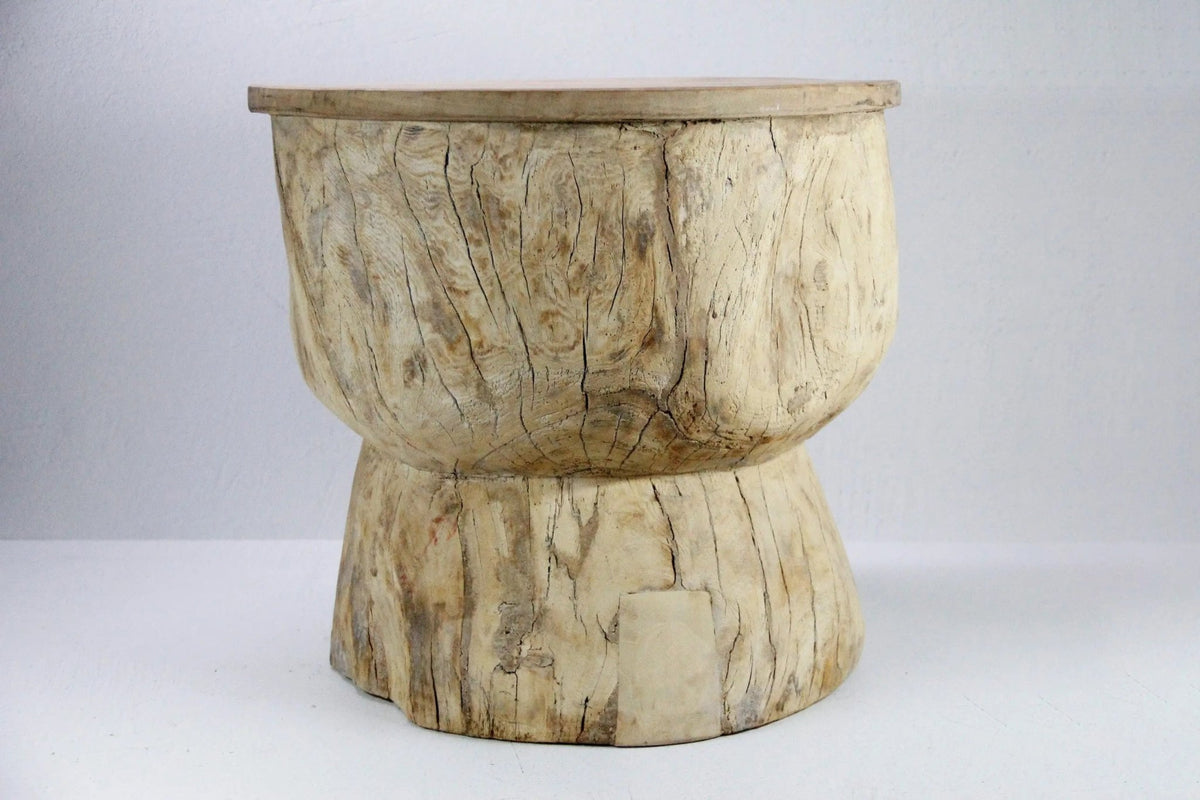 Vintage Teak Side Table | Hand Carved Ukhali Stool - Debra Hall Lifestyle