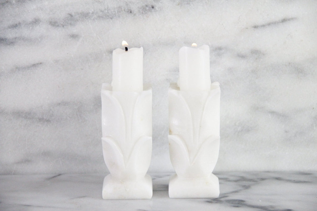 Vintage White Marble Candle Holders Pair Carved Floral - Debra Hall Lifestyle