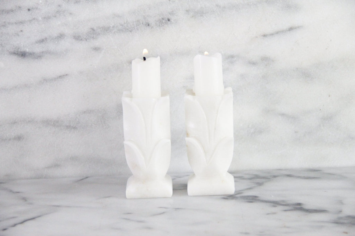 Vintage White Marble Candle Holders Pair Carved Floral - Debra Hall Lifestyle