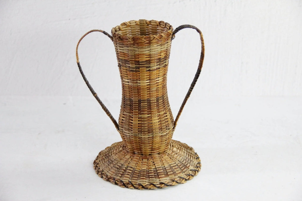 Vintage Wicker Vase | Metal Lined Vessel With Handles-Sm - Debra Hall Lifestyle