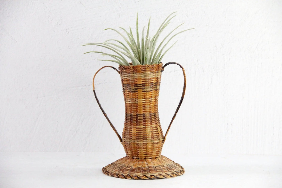 Vintage Wicker Vase | Metal Lined Vessel With Handles-Sm - Debra Hall Lifestyle