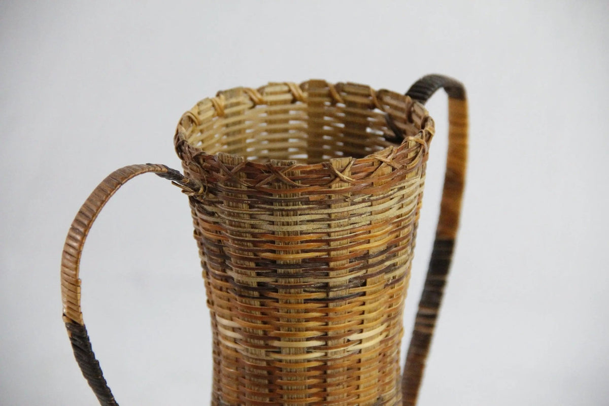Vintage Wicker Vase | Metal Lined Vessel With Handles-Sm - Debra Hall Lifestyle