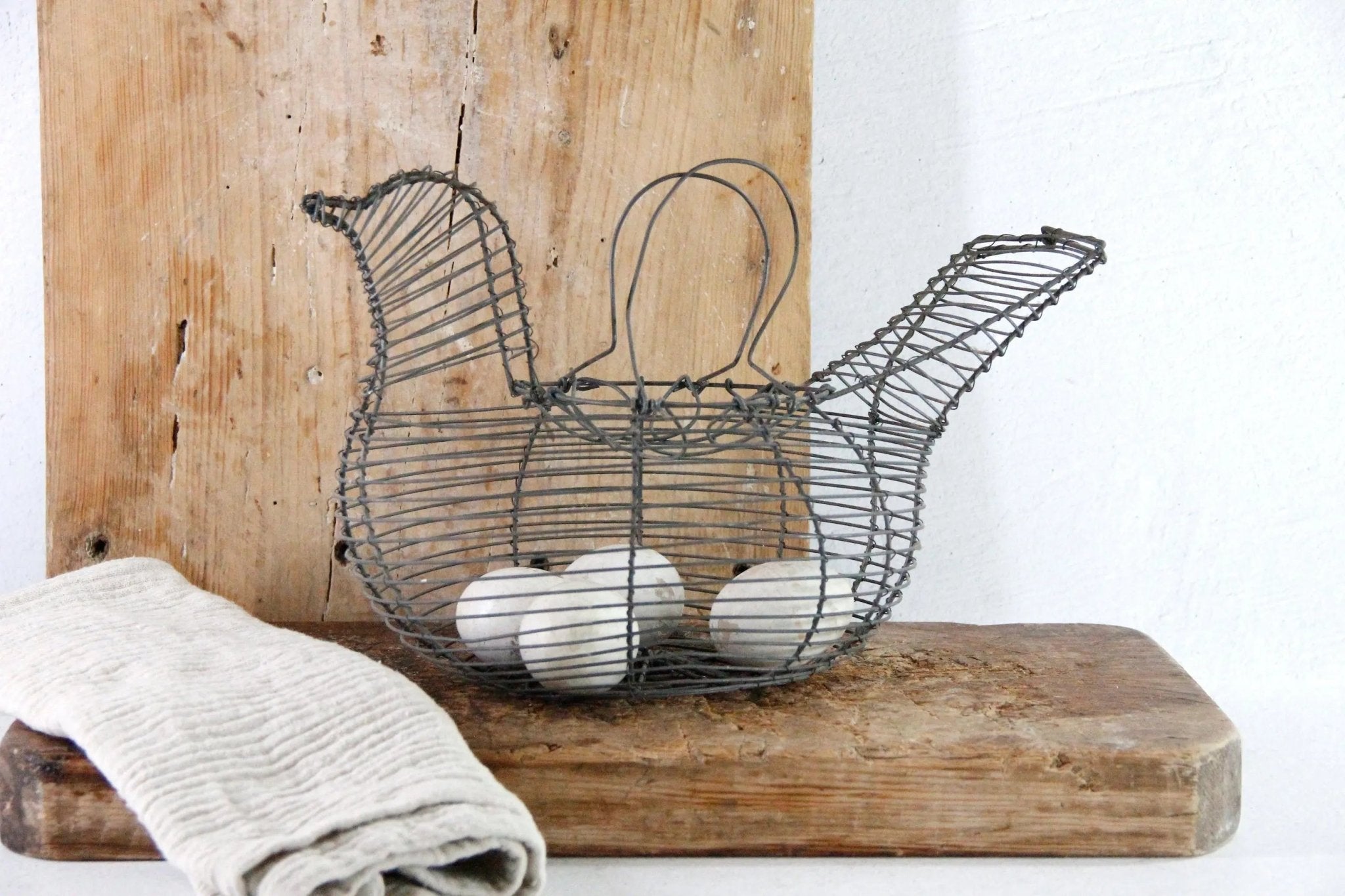 Vintage Wire Egg Basket | Primitive Hand Made Metal Chicken - Debra Hall Lifestyle