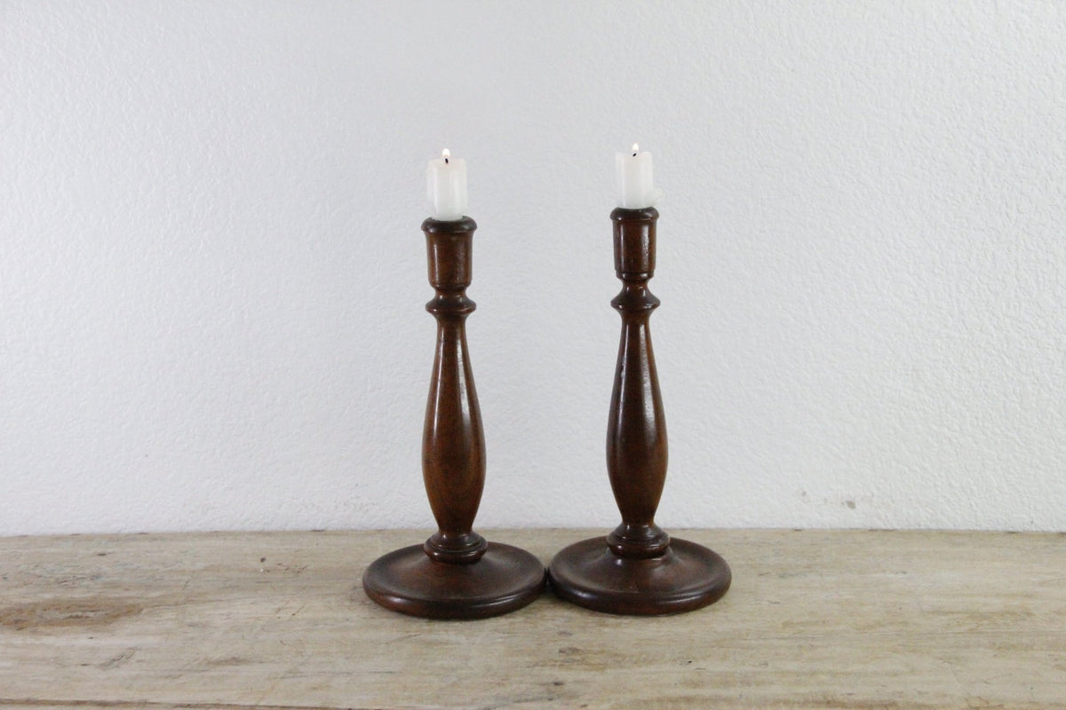 Vintage Wood Candlesticks Pair Turned Wooden Candle Holders - Debra Hall Lifestyle